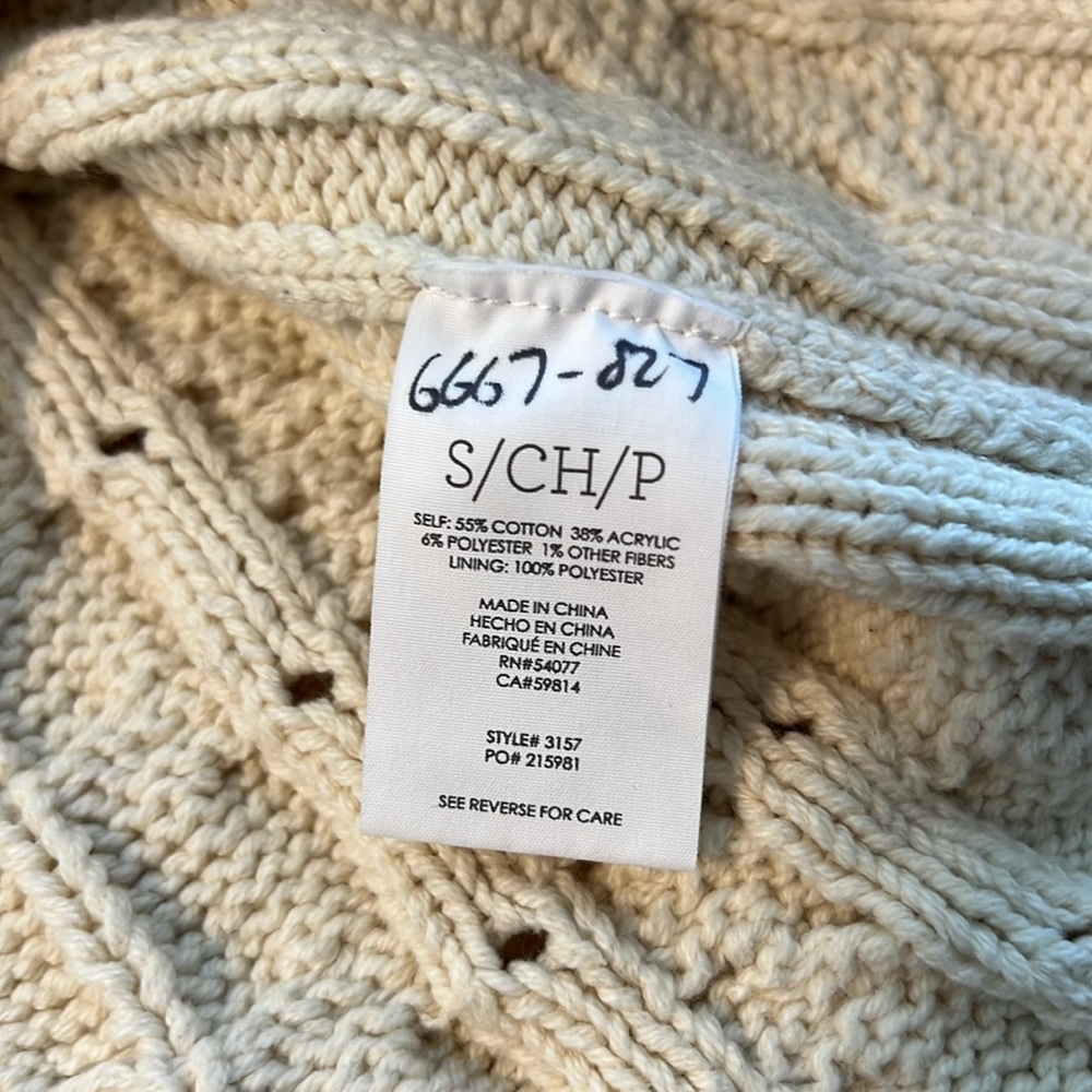 CAbi #3157 Cream Chunky Knit Crew Neck Sweater w/ Sheer Back Lining, S - Picture 6 of 8